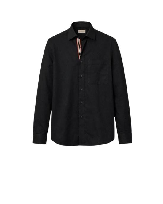 Burberry Cămașă neagră cu mânecă lungă și detaliu Icon Stripe
