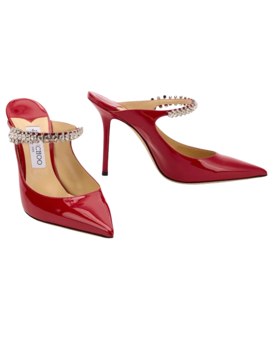 Jimmy Choo Bing 100 Pantofi Mule Ruby Red din Piele Lăcuită cu Cristale