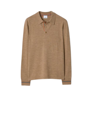 Burberry Pulover maro deschis din lână cu guler polo și detalii Icon Stripe