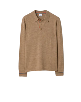 Burberry Pulover maro deschis din lână cu guler polo și detalii Icon Stripe