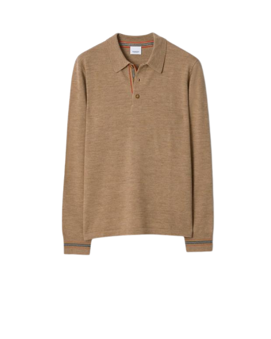 Burberry Pulover maro deschis din lână cu guler polo și detalii Icon Stripe