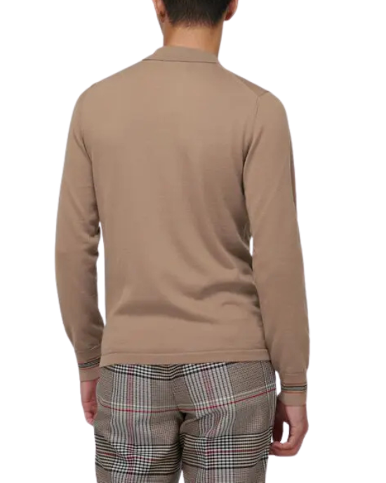 Burberry Pulover maro deschis din lână cu guler polo și detalii Icon Stripe