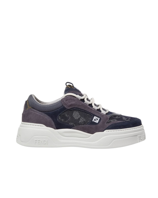 Fendi Force Sneakers din denim multicolor și piele întoarsă gri
