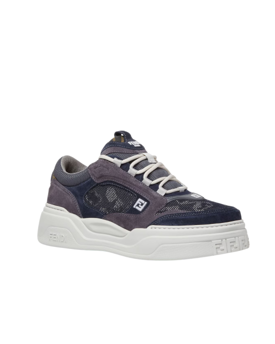 Fendi Force Sneakers din denim multicolor și piele întoarsă gri