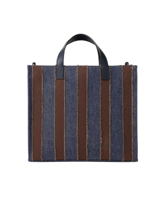 Fendi Mini Shopper din Denim cu Motiv Pequin, Bleumarin și Maro