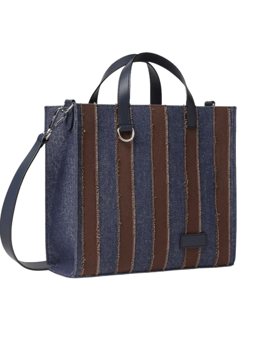 Fendi Mini Shopper din Denim cu Motiv Pequin, Bleumarin și Maro