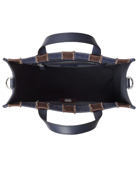 Fendi Mini Shopper din Denim cu Motiv Pequin, Bleumarin și Maro