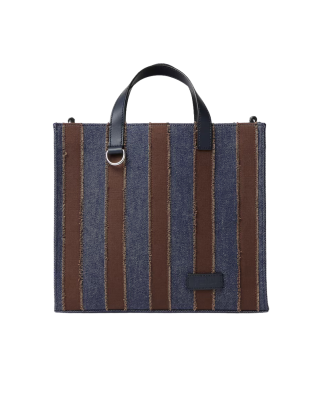 Fendi Mini Shopper din Denim cu Motiv Pequin, Bleumarin și Maro