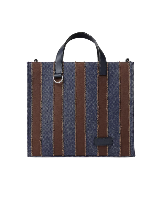 Fendi Mini Shopper din Denim cu Motiv Pequin, Bleumarin și Maro