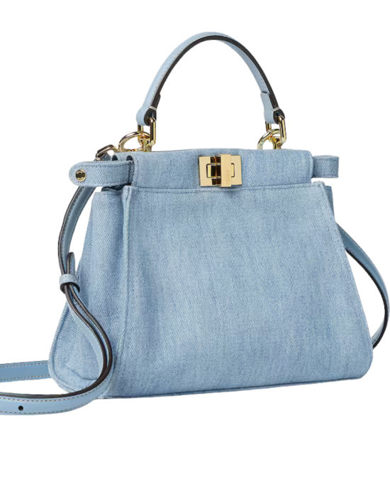 Fendi Peekaboo Small din Denim Albastru Deschis cu Broderie Murrine