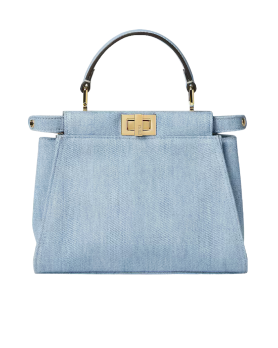 Fendi Peekaboo Small din Denim Albastru Deschis cu Broderie Murrine