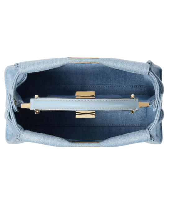 Fendi Peekaboo Small din Denim Albastru Deschis cu Broderie Murrine