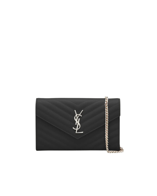 Saint Laurent Cassandre Envelope Chain Wallet din piele Grain de Poudre