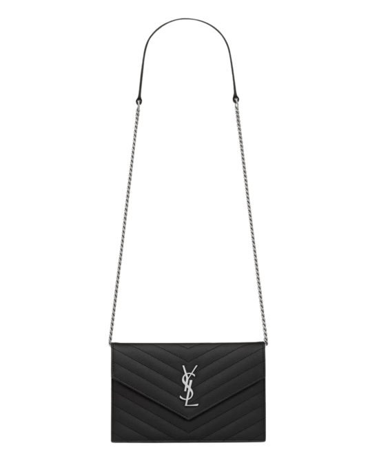 Saint Laurent Cassandre Envelope Chain Wallet din piele Grain de Poudre