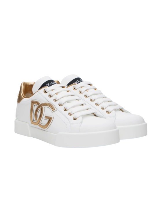 Dolce & Gabbana Sneakers din piele cu logo DG – Alb & Auriu
