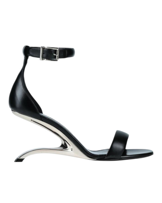 Alexander McQueen  Sandale de damă Arc din piele neagră cu toc sculptural argintiu