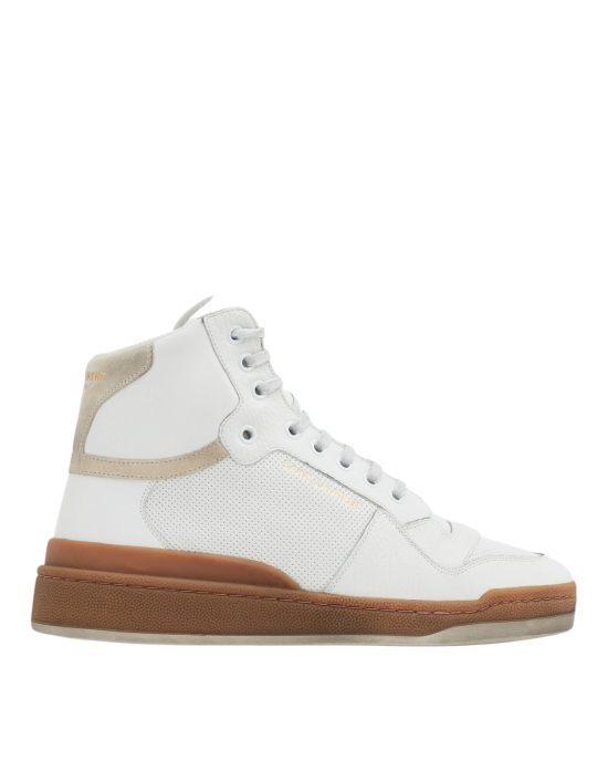 Saint Laurent – Sneakers înalți albi cu detalii bej și talpă maro