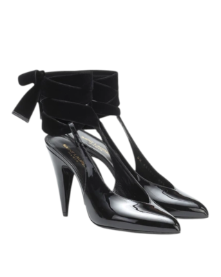 Saint Laurent – Pantofi negri cu finisaj lăcuit și panglici din catifea pe gleznă