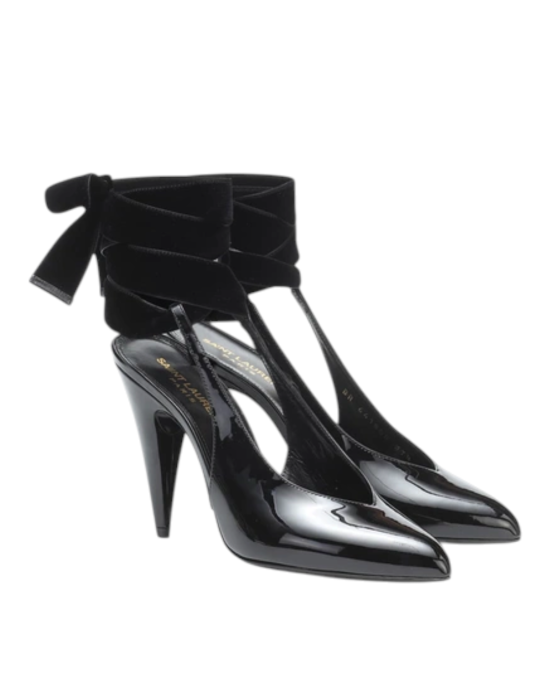 Saint Laurent – Pantofi negri cu finisaj lăcuit și panglici din catifea pe gleznă