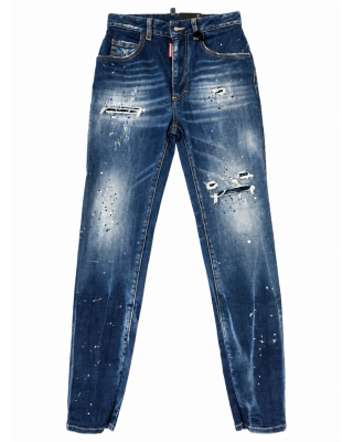Dsquared2 – Blugi High Waist Twiggy cu rupturi și stropi de culoare