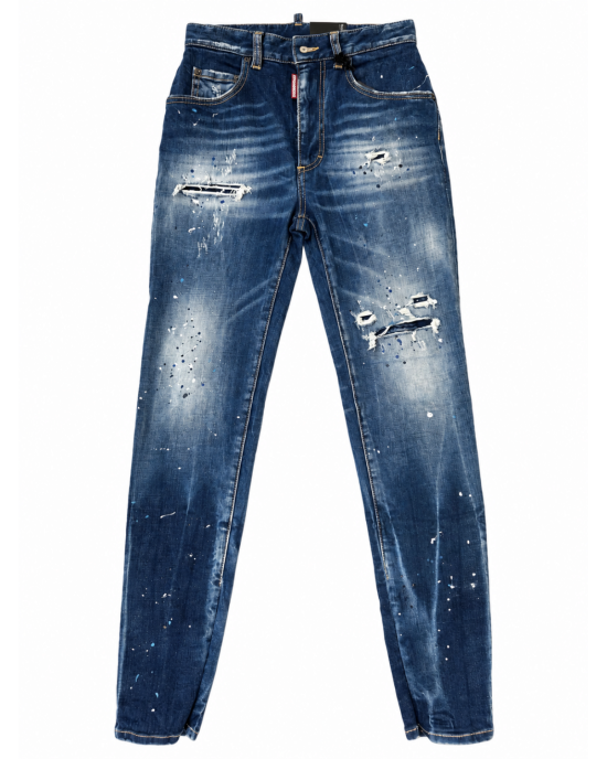 Dsquared2 – Blugi High Waist Twiggy cu rupturi și stropi de culoare