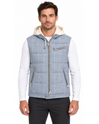 Eleventy – Vestă baby blue în carouri cu glugă crem