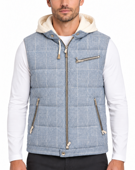 Eleventy – Vestă baby blue în carouri cu glugă crem