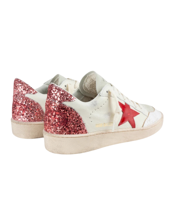 Golden Goose Super-Star Sneakers Albi cu Stea Roșie și Glitter Roz