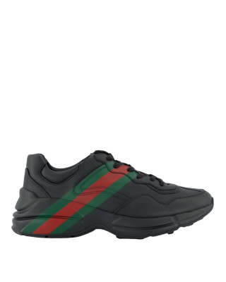 Gucci Rhyton – Sneakers bărbați din piele neagră, cu detalii Web verzi și roșii