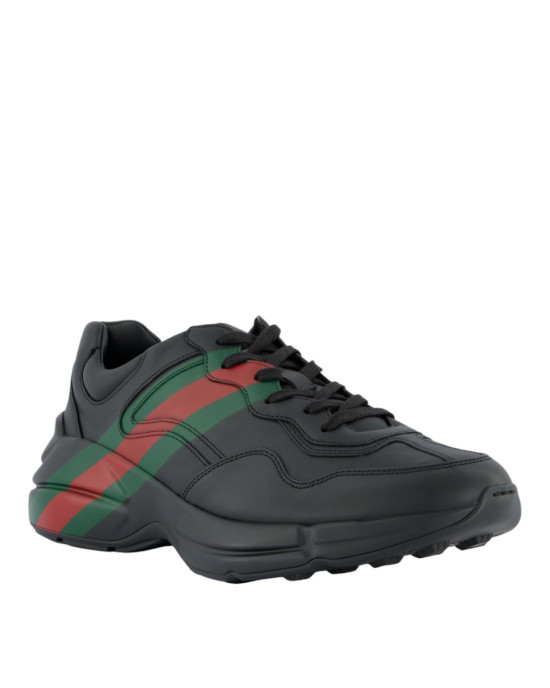 Gucci Rhyton – Sneakers bărbați din piele neagră, cu detalii Web verzi și roșii