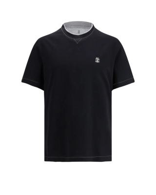 Brunello Cucinelli Tricou negru din bumbac cu broderie emblemă