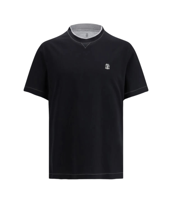 Brunello Cucinelli Tricou negru din bumbac cu broderie emblemă