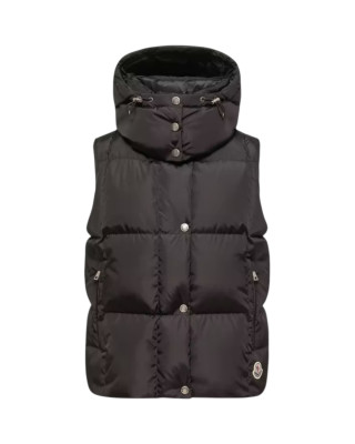Vestă Moncler Macareux pentru femei, neagră, cu puf și glugă detașabilă