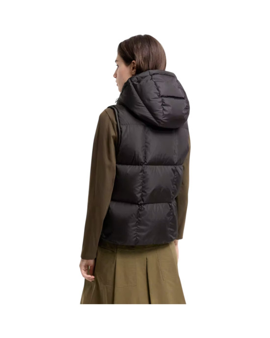 Vestă Moncler Macareux pentru femei, neagră, cu puf și glugă detașabilă