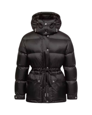 Moncler Sesie pentru femei, neagră, de lungime medie, cu puf și glugă detașabilă