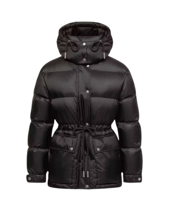 Moncler Sesie pentru femei, neagră, de lungime medie, cu puf și glugă detașabilă