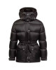 Moncler Sesie pentru femei, neagră, de lungime medie, cu puf și glugă detașabilă