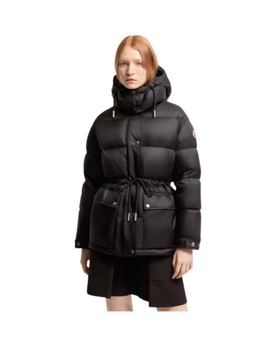 Moncler Sesie pentru femei, neagră, de lungime medie, cu puf și glugă detașabilă