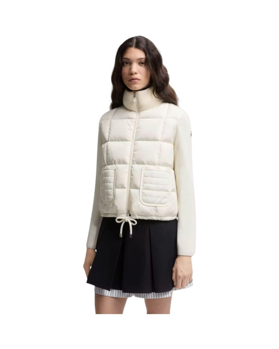  Moncler Cardigan pentru femei, alb, din lână merinos, cu panouri matlasate și fermoar