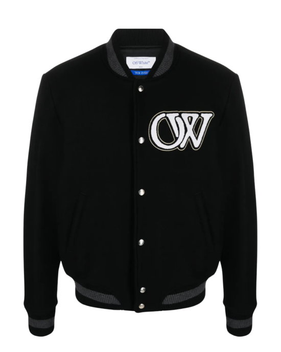 Off-White jachetă varsity neagră din lână virgină cu logo brodat