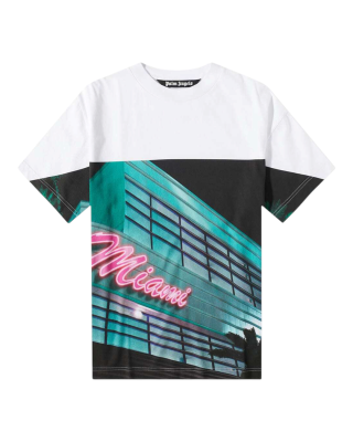  Palm Angels – Tricou bărbătesc Getty Miami din bumbac, alb, cu imprimeu multicolor