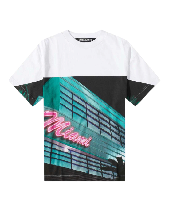  Palm Angels – Tricou bărbătesc Getty Miami din bumbac, alb, cu imprimeu multicolor