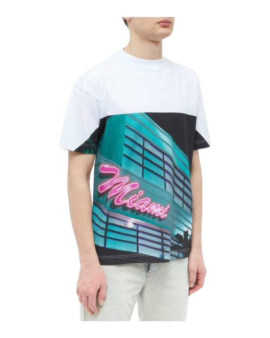  Palm Angels – Tricou bărbătesc Getty Miami din bumbac, alb, cu imprimeu multicolor