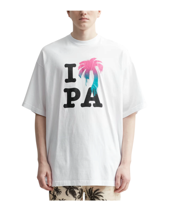 Palm Angels – Tricou bărbătesc I Love PA din bumbac, alb, cu imprimeu multicolor