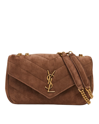 Saint Laurent – Geantă de umăr Loulou Small din piele întoarsă matlasată, bej Hay