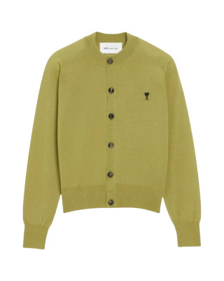 AMI Paris Cardigan din lână merinos, verde, cu broderie Ami de Coeur