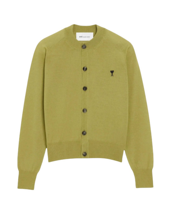 AMI Paris Cardigan din lână merinos, verde, cu broderie Ami de Coeur