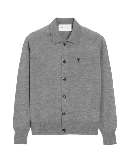 AMI Paris Cardigan din lână merinos, gri, cu guler și broderie Ami de Coeur