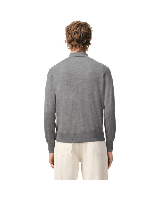 AMI Paris Cardigan din lână merinos, gri, cu guler și broderie Ami de Coeur