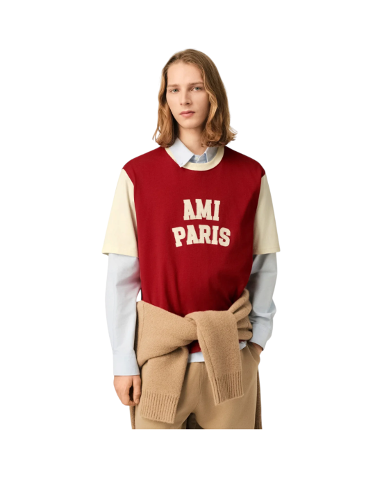 AMI Paris  Tricou din bumbac organic, roșu rubiniu, cu broderie logo